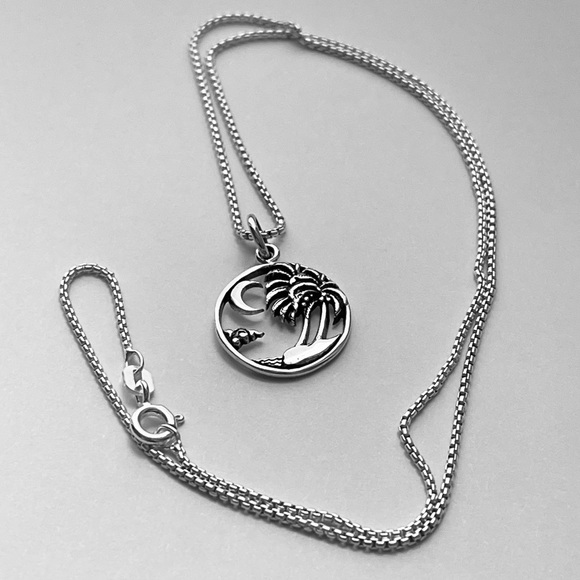 Sterling Silver Beach Palm Tree with Moon Necklace, Silver Necklace, Tropical - Picture 8 of 13